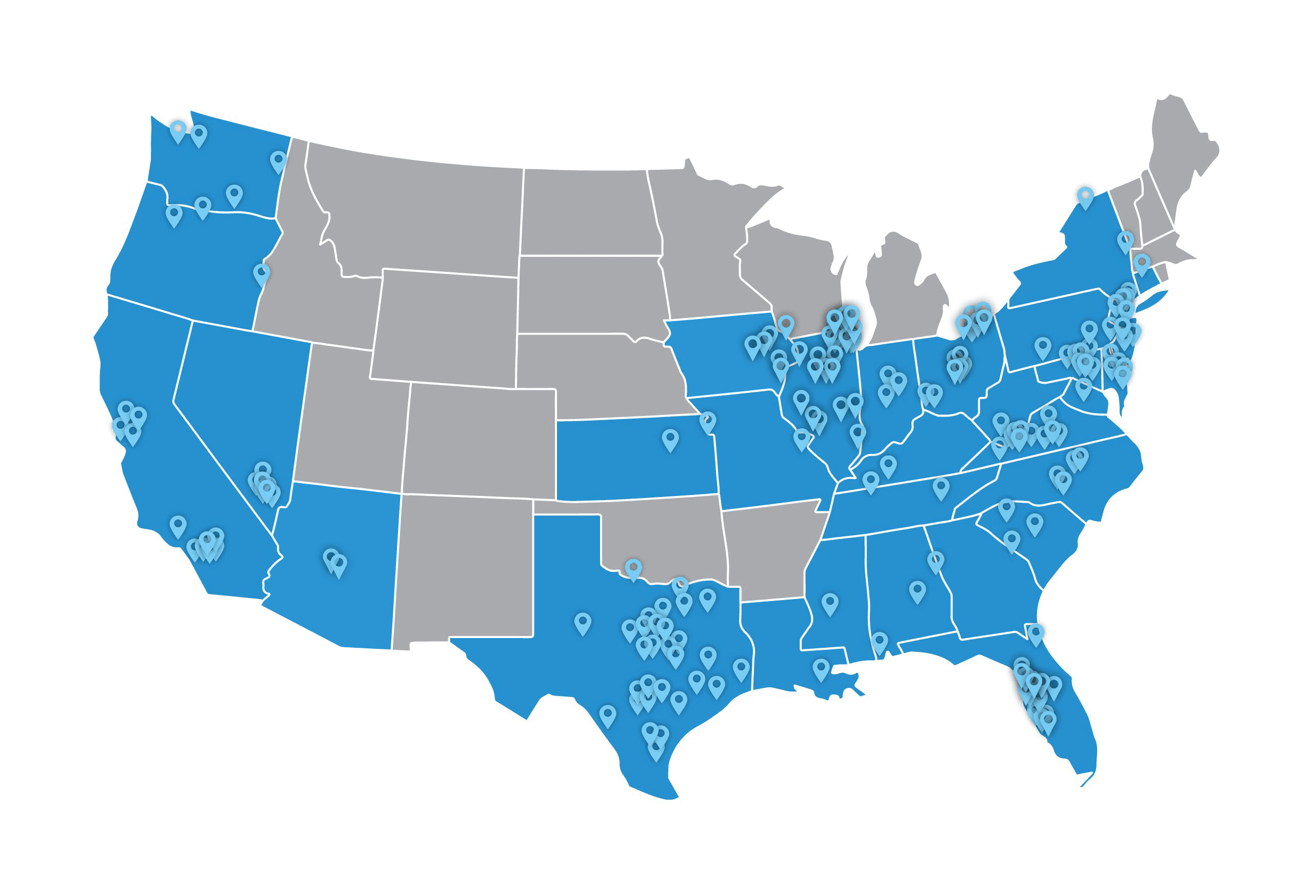 Map of the United States with certain states highlighted in blue and marked with multiple location pins, while other states are shown in gray without pins.